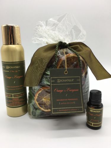 Aromatique Orange & Evergreen refresher oil,  7oz bag potpourri, and Room spray