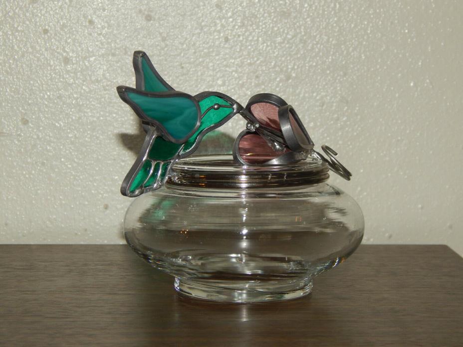 Glass Potpourri Jar With Stained Glass and Pewter Hummingbird And Flower Lid