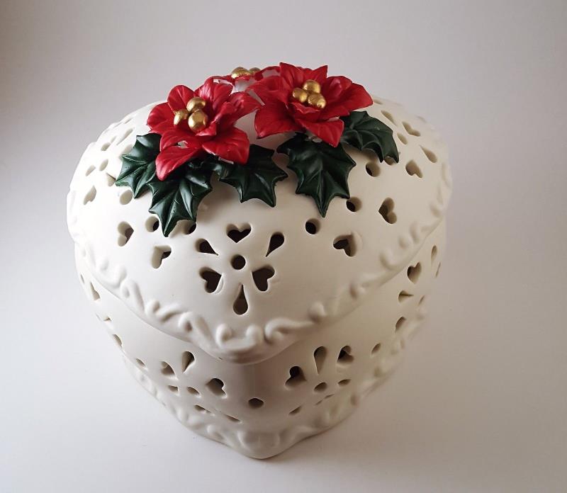 Porcelain Poinsettia Potpourri Holder Large Size Red And White