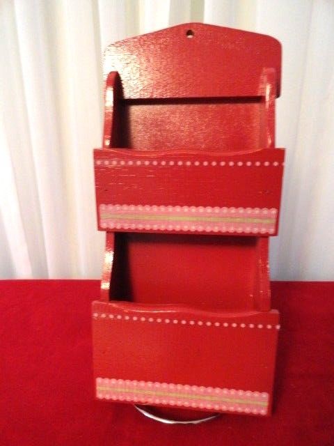 Vintage  NEVCO Red Wood Two Tier Wall Hanging Bill Letter Mail Holder Organizer