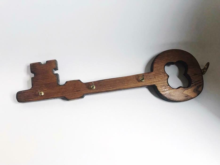 Vintage Wooden Key Holder Wall Key Shaped Sign Large Rustic Hand Carved Key Rack