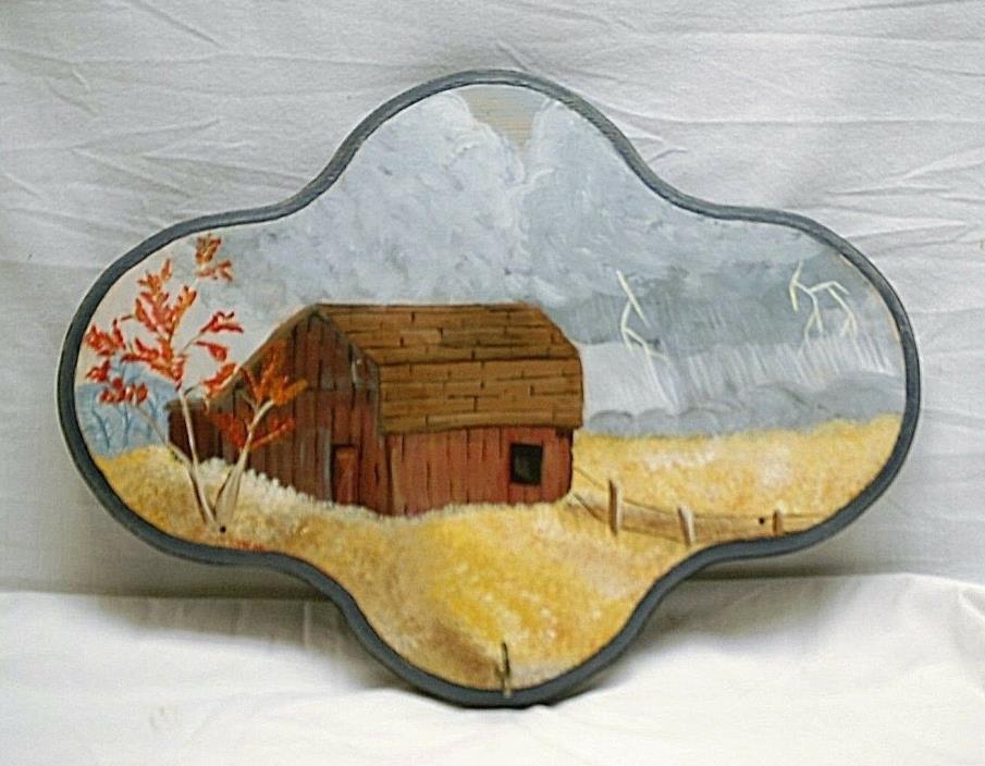 Vintage Style Wooden Wall Mount Key Holder w Country Barn Scene Signed T.M.