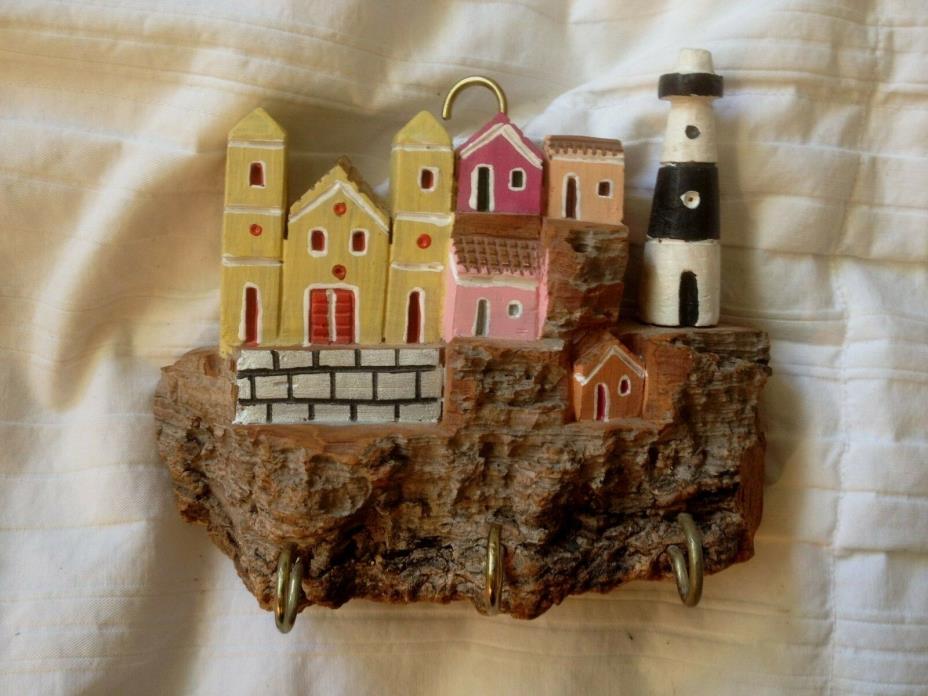Key Rack Wall Mounted Hand Carved / Painted 3 Hooks Lighthouse Village 5 1/2
