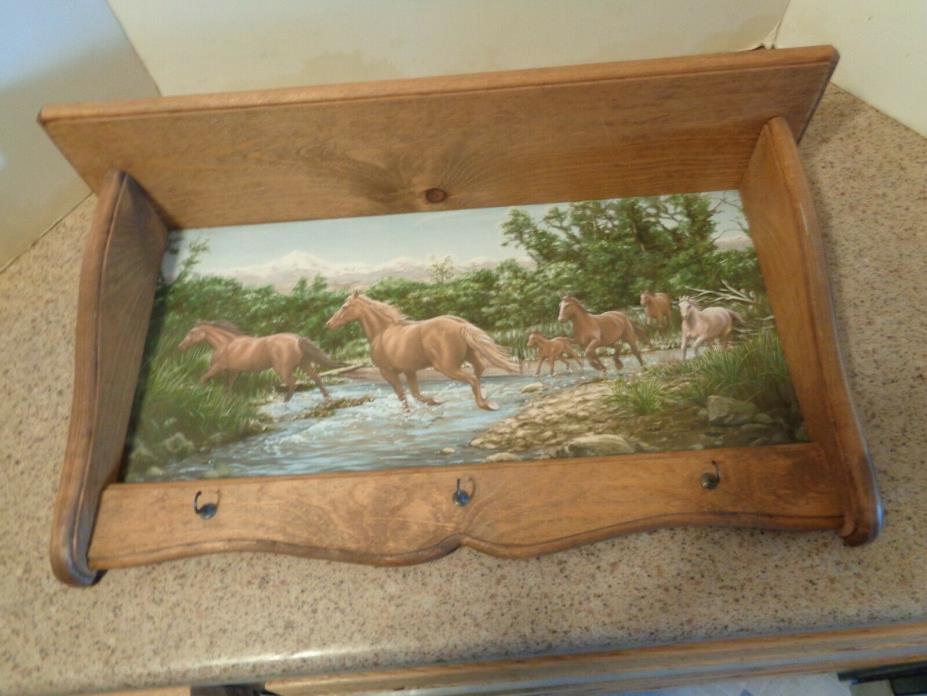 Wooden Vintage Wall Shelf Key Holder with Horse Print and 3 Hooks
