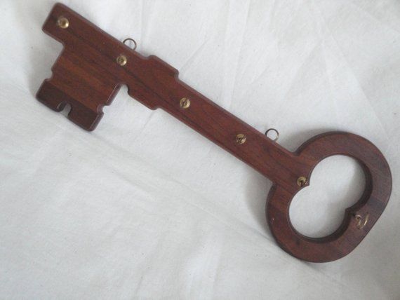 Solid Walnut Key Rack Holder Skeleton Key Shape Vintage Wood USA