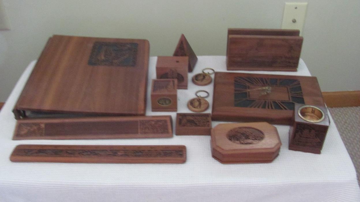 VINTAGE WALNUT LASERCRAFT ENGRAVINGS LOT PYRAMID RULER CLOCK BOOK BOX HOLDER