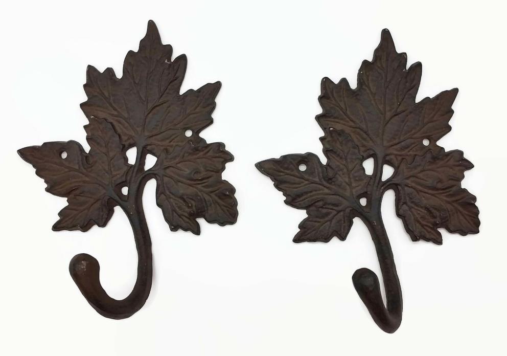 Cast Iron Brown Detailed Maple Leaves Set of 2 Single Wall Hanging Coat Key Hook