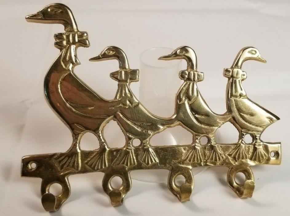 Vintage Brass Duck Goose Fowl Family Wall Key Hanger Holder w/ Four 4 Hooks