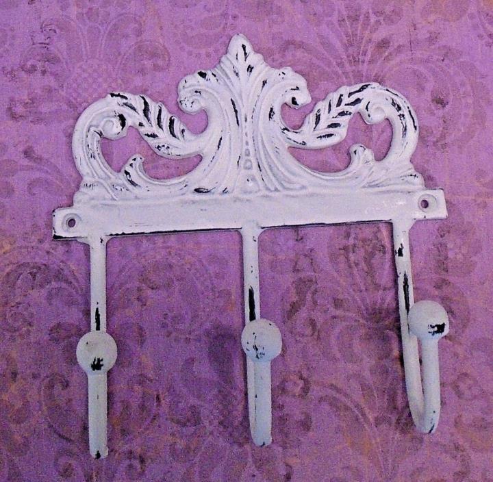 Decorative 3-Hook Key Hanger, Whitewash w/Ornate Scroll Design, Shabby Chic