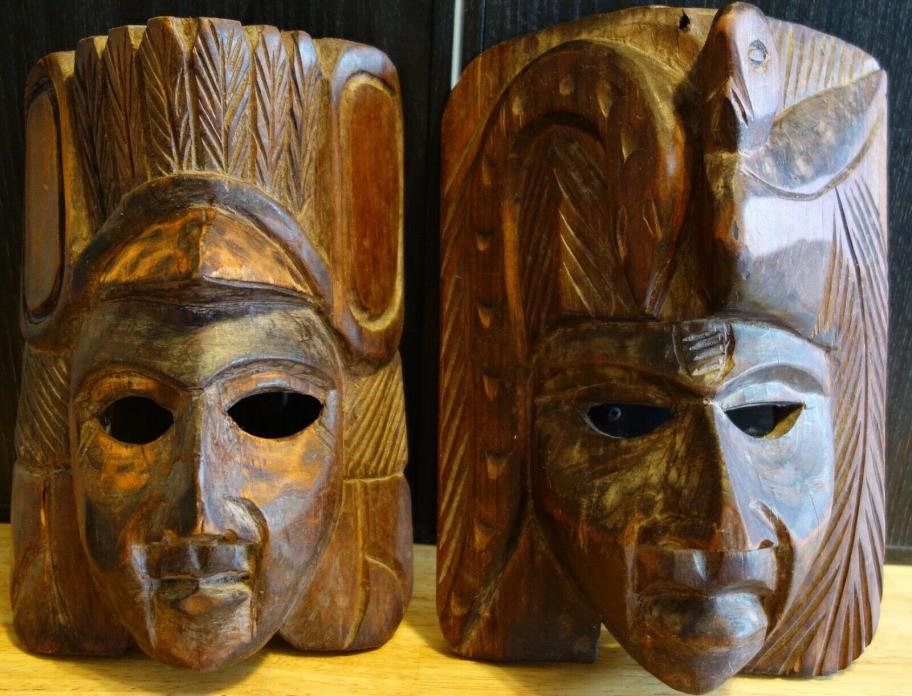 2 Hand Carved Wooden Masks - Wall Art