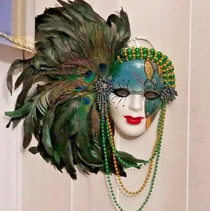 Turquoise PEACOCK DREAM CERAMIC MASK  Mardi Gras LARGE Feather Lady Beautiful !!