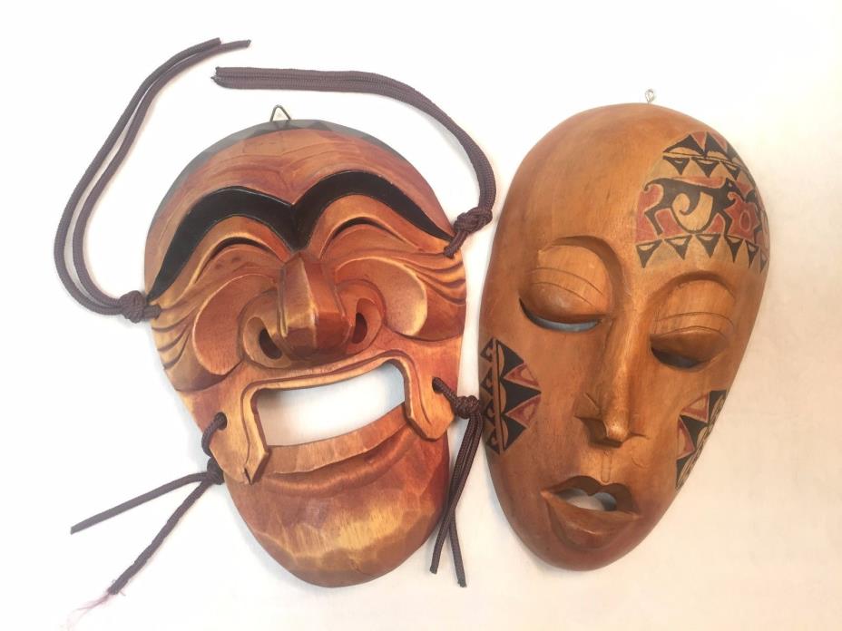 2 Wooden Drama Wall Art Masks