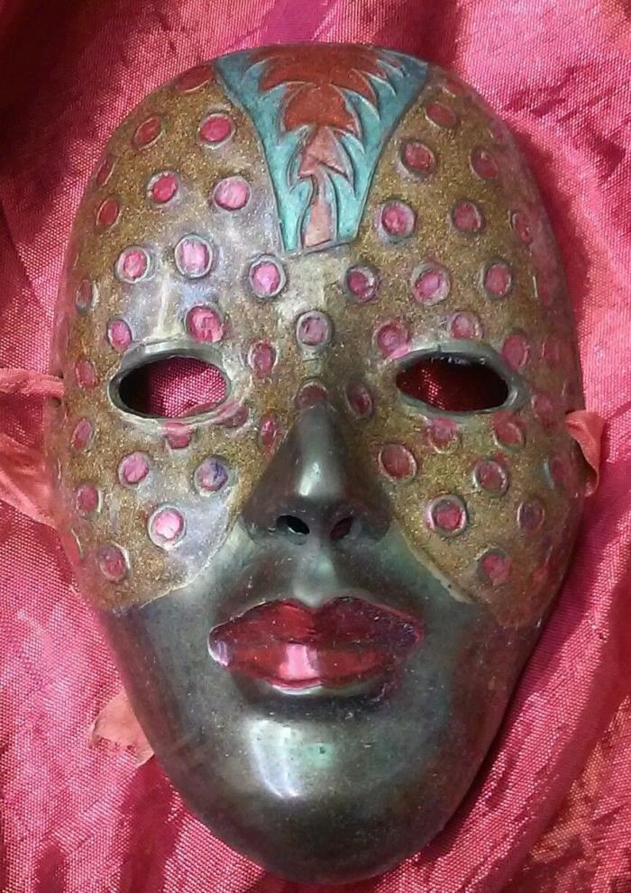 Solid Brass India Woman Face Painted Mask Mardi Gras Palm 5 1/2