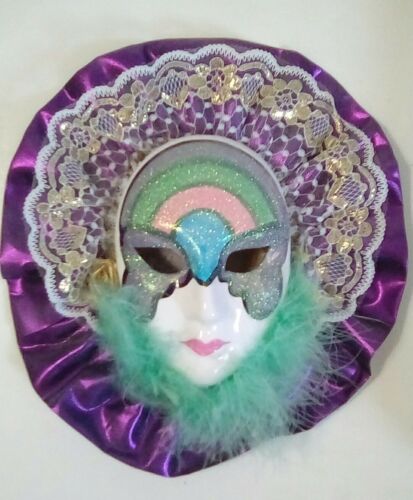 Marti Gras Mask With Painted Face, Lace and Green Feather, Purple Taffeta