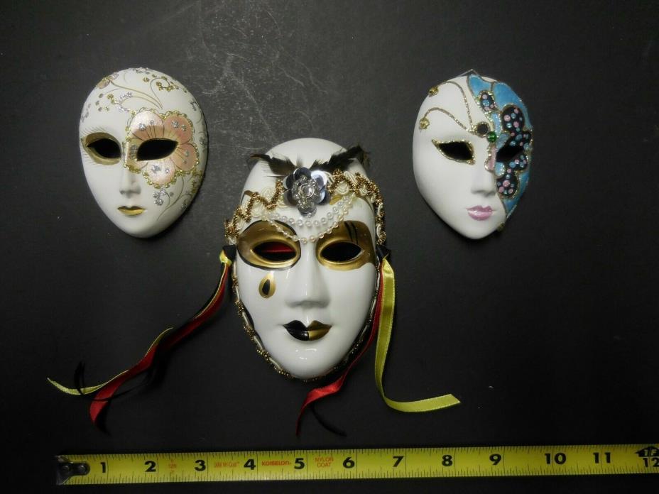 3 Small Decorative Collectable Porcelean Mardi Gras Masks