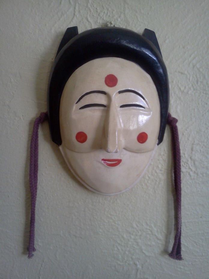 Vintage Painted Wooden Mask Asian Woman w/ 3 Red Dots Made in Japan? Wall Decor
