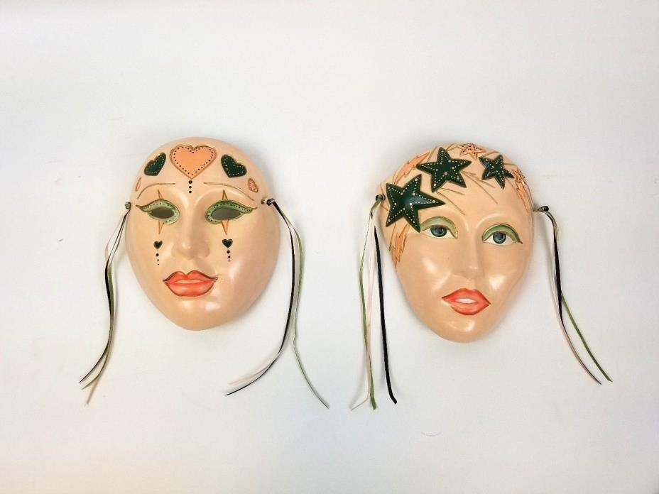 Vintage Porcelain Ceramic Hand Painted Wall Hanging Face Masks Set Of Two