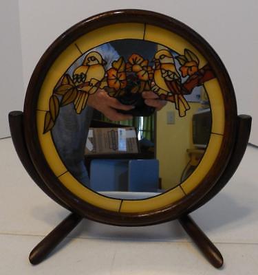 VINTAGE ROUND WOOD FRAMED STANDING MIRROR WITH 2 BIRDS AND STAINED GLASS DESIGN