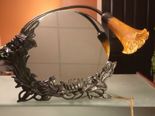 Vintage Metal Mirror With Light - 13”x13” - 5” Amber Globe