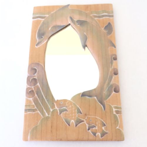 Hand Carved Wood Dolphin Fish Ocean Sea Mirror 18