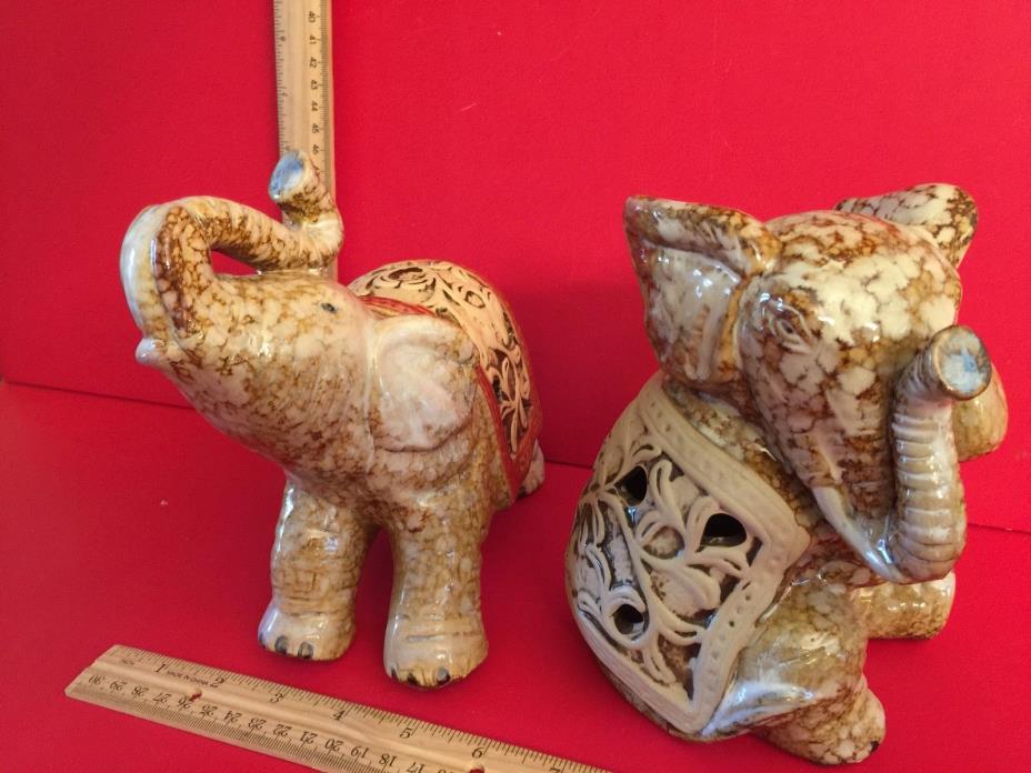 New Ceramic Pottery Glazed Good Luck Decor Elephants Set of 2 for Home