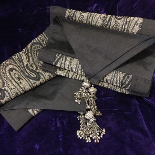 Pair Tapestry & Black Table Runners with Silver Metal Tassels EXCELLENT