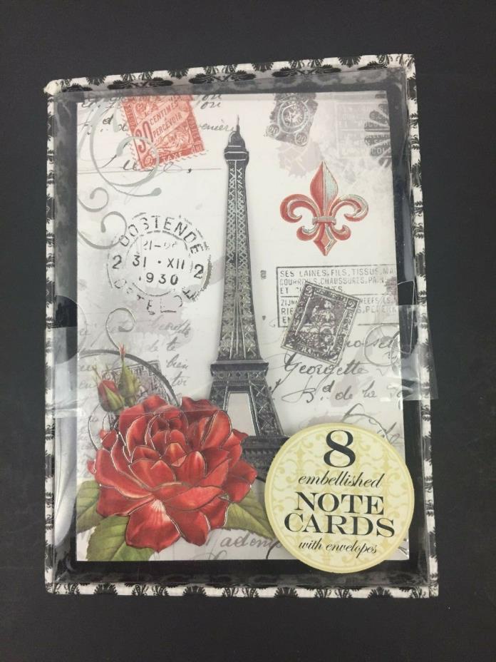 Paris Eiffel Tower France Silver Embossed Rose 8 Embellished Notecards Box Set