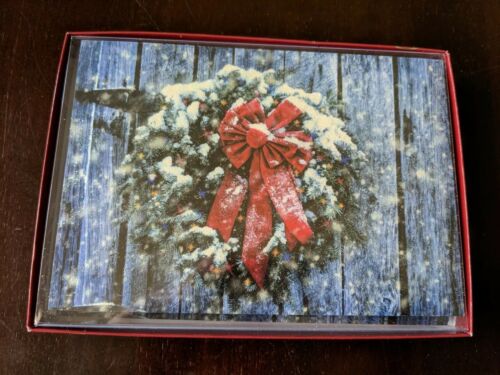 10 CHRISTMAS Holiday Leanin Tree Box Cards Wreath with Glitter Winter Ribbon