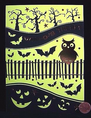 Who-o-o's There? Bats Trees Owl  *GOLD SHINE* -- Halloween Greeting Card -- NEW