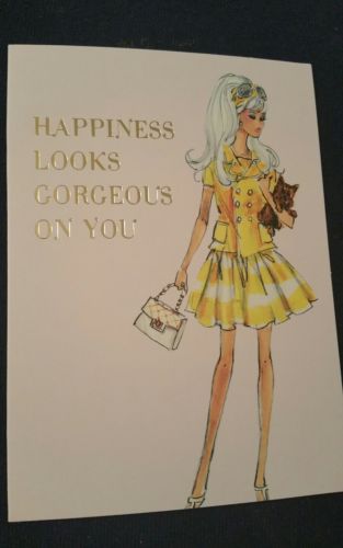 BARBIE BLANK CARD-/GRAPHIQUE--gold emboss words YELLOW DRESS 4.24x5.25
