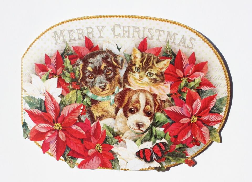 *PUNCH STUDIO Set of 4 Die Cut Blank Christmas Note Cards~Cat~Kitten~Dog~Puppies