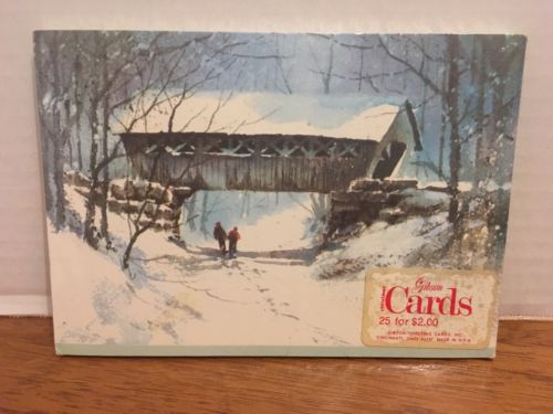 New Gibson Christmas Postcards Sealed Package of 25 Covered Bridge Snow 4”x6”