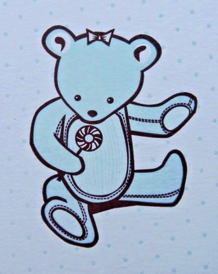TEDDY BEAR Greeting Card UNUSED Blank Baby Shower Blue Letterpress hello lucky