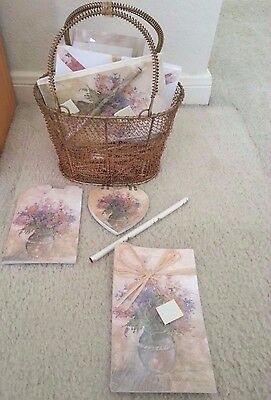 Wire gift basket of flower floral stationery + notepads + envelopes + 1 pencil