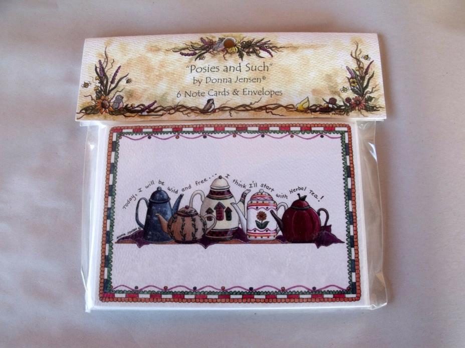 Pkge 6 Note Cards Env Posies & Such Donna Jensen Tea Pots Wild & Free Herbal Tea