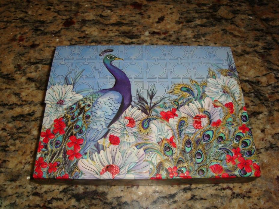 NEW Pictura 10 Note Cards and Envelopes in Decorative Container (PEACOCK)