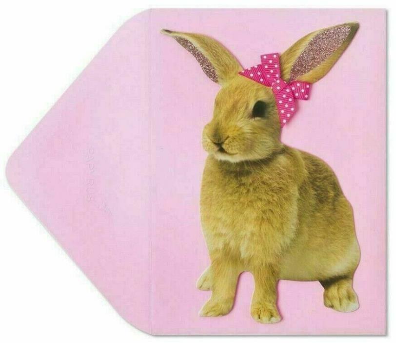 Papyrus Easter Greeting Card BUNNY WITH WHITE POLKA DOT BOW & PINK GLITTER EARS