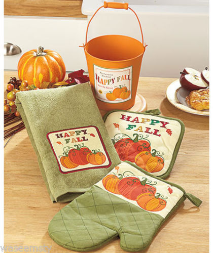 4 Pc Harvest Fall Autumn Gift Pail Set Pumpkin Towel Hot Pad Oven Mitt Potholder