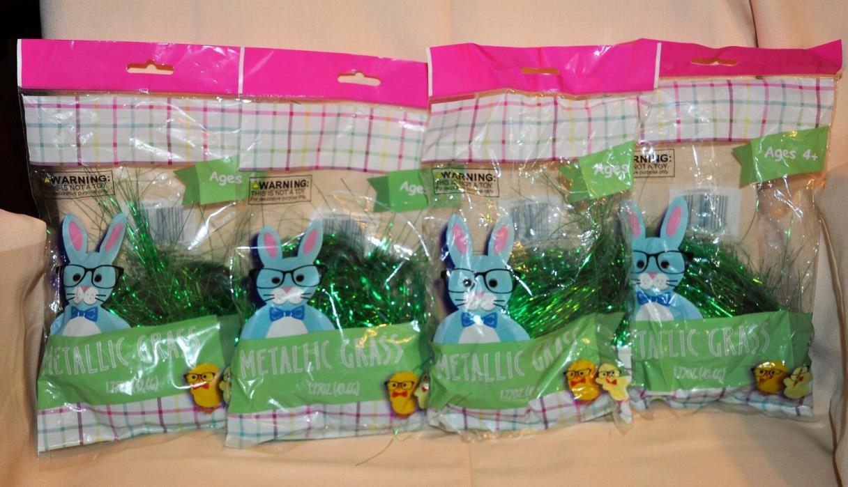 4 bags of Green Metallic Tinsel Hair Easter Gift Basket Stuffer Party Supplies
