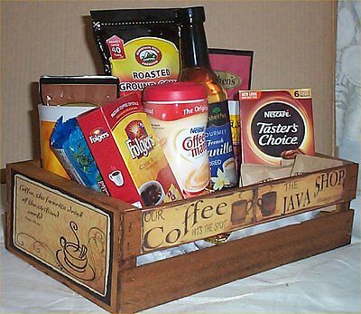 Coffee Gift Basket 2 Mugs Candy Creme Syrup Hot Chocolate Wood Coffees Crate