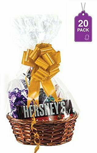 20 Pack Clear Basket Bags Extra Thick Medium Cellophane Wrap for Baskets Gifts