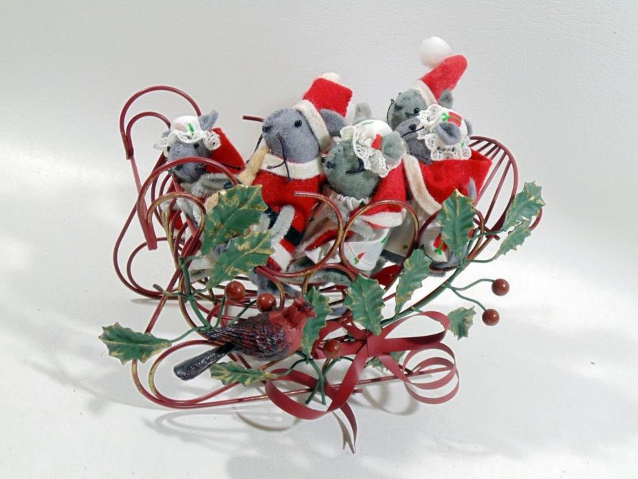 6 Felt Christmas Mice and Wire Sleigh Decorated With Cardinal and Holly