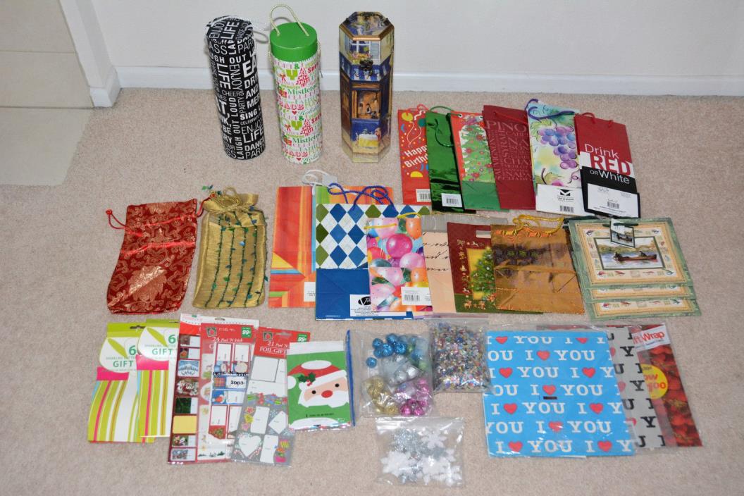 LRG LOT WRAPPING PAPER WINE BOTTLE GIFT BOX BAGS CHRISTMAS HOLIDAY TAGS SUPPLIES
