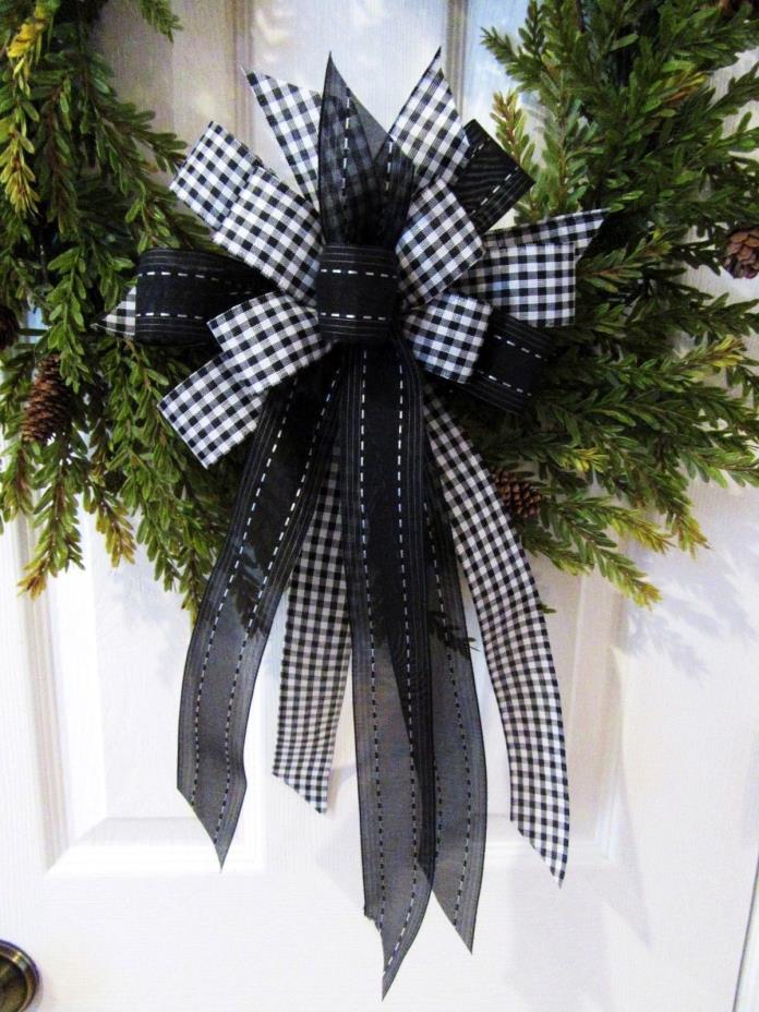 HANDMADE WREATH BOW BLACK PLAID RIBBON BLACK CHECK RIBBON ORGANZA SHEER BOW