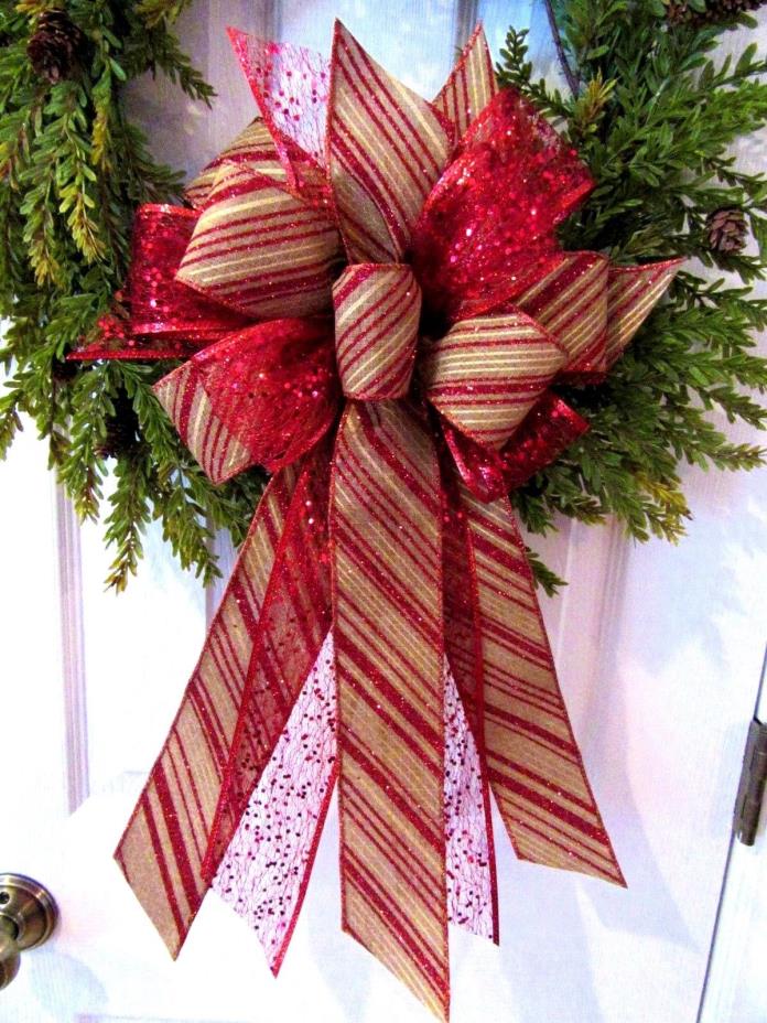 CHRISTMAS BOW~TAN CANVAS TYPE STRIPE RIBBON~WREATH BOW~HANDMADE HOLIDAY BOW