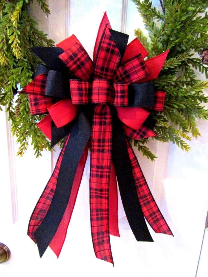 WREATH BOW~RED & BLACK PLAID~WIRED EDGE RIBBON~HANDMADE BOW