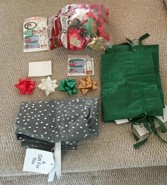 Gifts Christmas Bows 34, Gift Bags Wraps 3, Notes Envelopes, Ribbons 20 Feet Lot