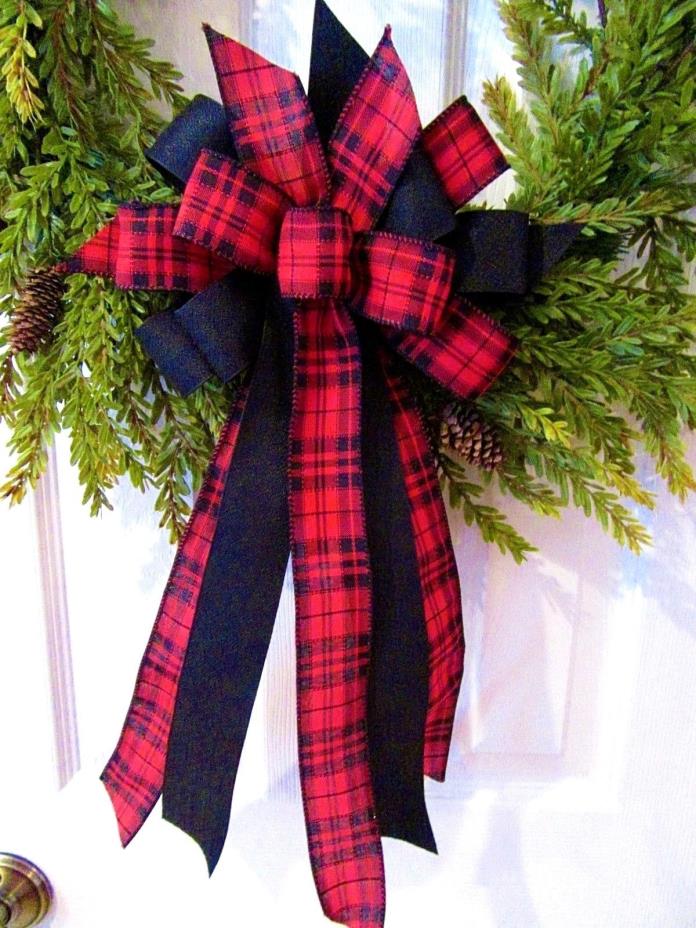 RED & BLACK PLAID BOW~WREATH BOW~WIRED EDGE RIBBON~HANDMADE