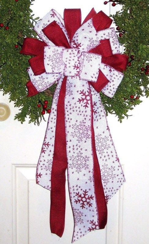 RED SNOWFLAKE WIRED BURLAP BOW for HOLIDAY WREATH GARLAND LANTERN # 13 rb