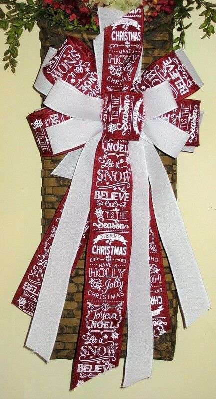 CHRISTMAS BELIEVE WHITE / BURGUNDY WIRED BOW WREATH SWAG MAIL # 65 rb